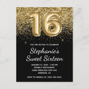 Gnistrande Guld Glitter Svart Ballong Sweet Sixtee Inbjudan Vykort