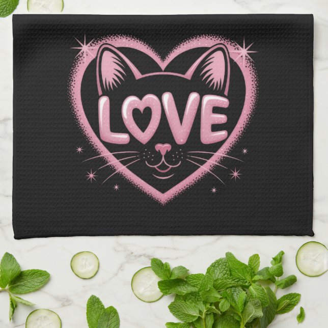 Gnistrande kattkärlek kökshandduk (Vikta)