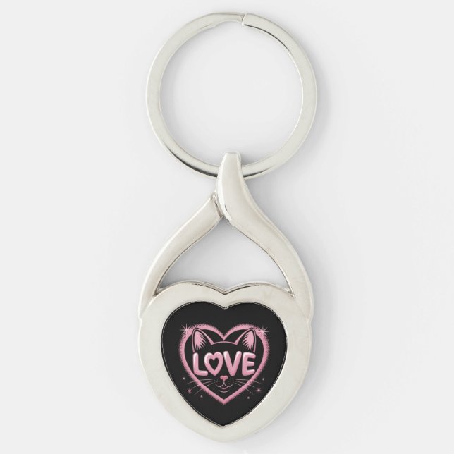 Gnistrande kattkärlek twisted heart silverfärgad nyckelring (Framsidan)