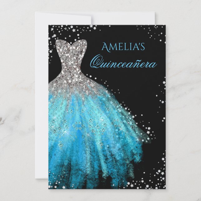 Gnistrande klänning Blå Quinceanera-inbjudan Inbjudningar (Framsida)