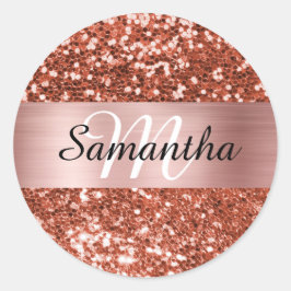Gnistrande Koppar Glitter Roséguld Shimmer Monogra Runt Klistermärke