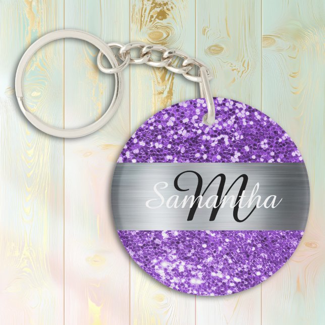 Gnistrande lila glitter silverfolie-monogram (Sparkly Purple Glitter Silver Foil Monogram Keychain)