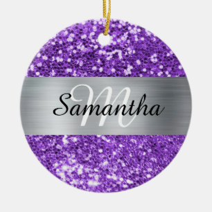 Gnistrande lila glitter silverfolie-monogram julgransprydnad keramik
