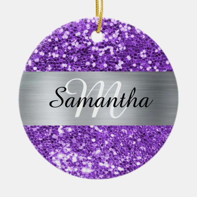 Gnistrande lila glitter silverfolie-monogram julgransprydnad keramik (Framsidan)
