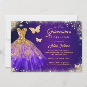 Gnistrande lila guld klänning fjäril Quinceanera Inbjudningar