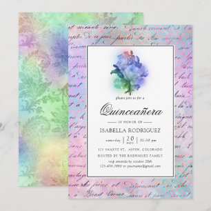 Gnistrande lila rosor och Damask Quinceañera Inbjudningar