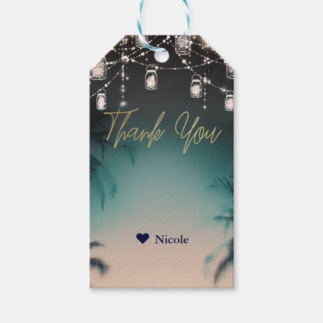 Gnistrande ljus Palmer Elegant Strandbröllop Presentetikett (Framsidan)