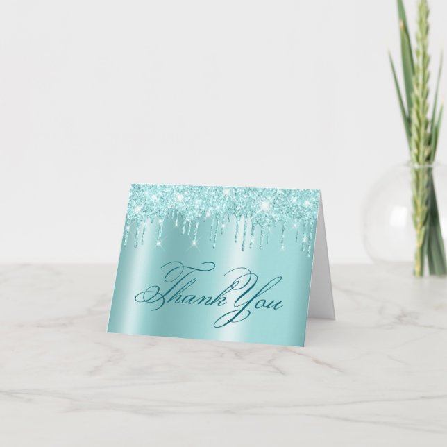 Gnistrande Ljus Turkos Glitterdroppar Glitter Tack Kort (Framsida)