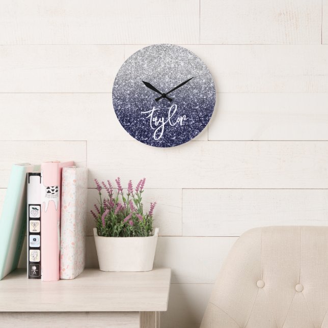 Gnistrande Lyx Silverblå Glitter Ombre Stor Klocka (Läsesal)