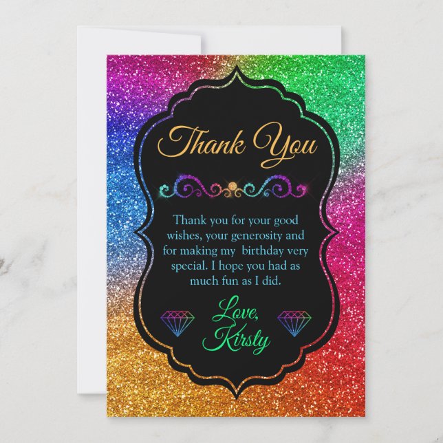 Gnistrande regnbågsgradient glitter födelsedag tack kort (Framsida)