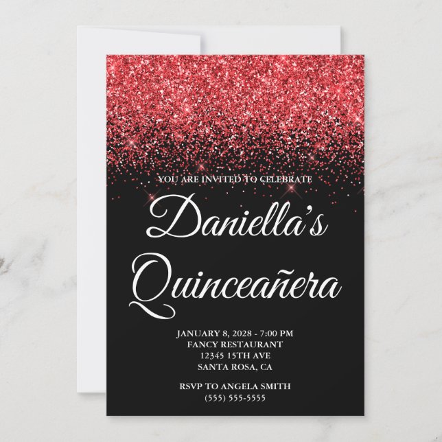 Gnistrande röd glitter svart Quinceañera Inbjudningar (Framsida)
