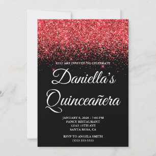 Gnistrande röd glitter svart Quinceañera Inbjudningar