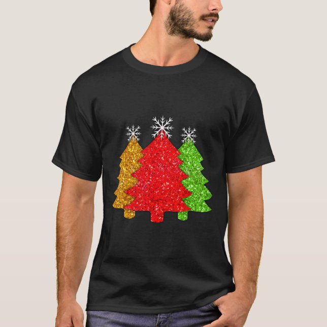 Gnistrande röd gul grön julgran snöflinga  t shirt (Framsida)