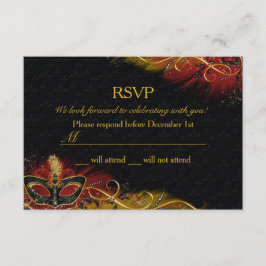 Gnistrande röd & guld fjädermaskerad RSVP Inbjudningar