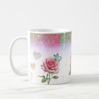 Gnistrande ros och fjäril kaffemugg