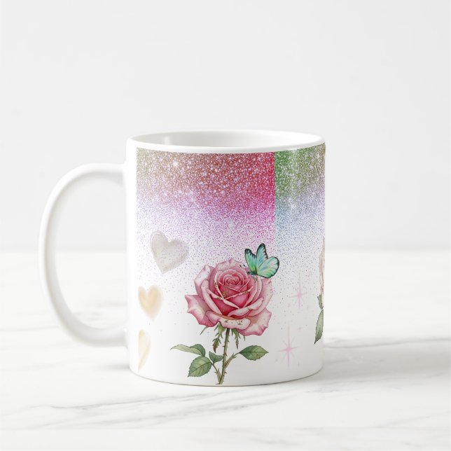 Gnistrande ros och fjäril kaffemugg (Vänster)