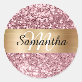 Gnistrande Rosa Glitter Guld Glans Monogram Runt Klistermärke