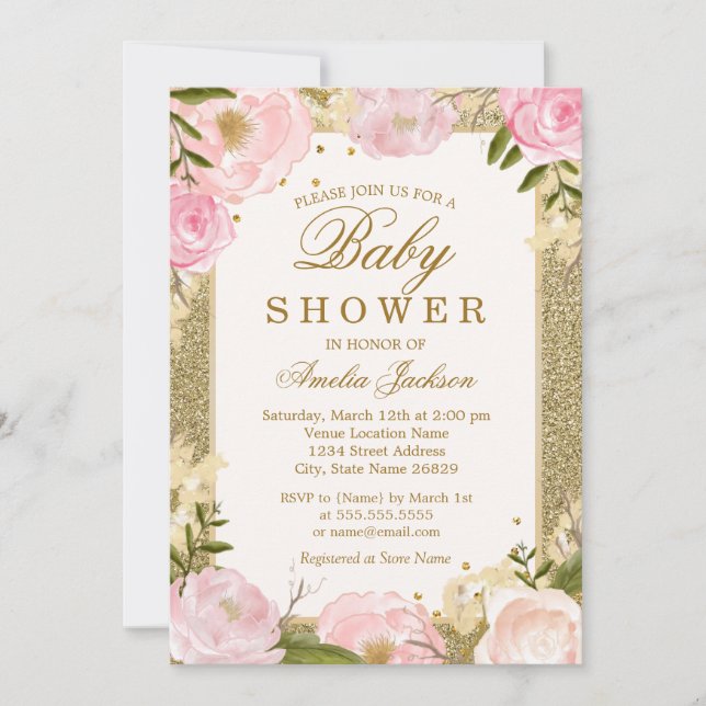 Gnistrande Rosa Guld Blommig Baby Shower Inbjudningar (Framsida)