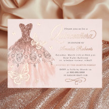 Gnistrande Rosa Guld Fjärils Klänning Quinceanera