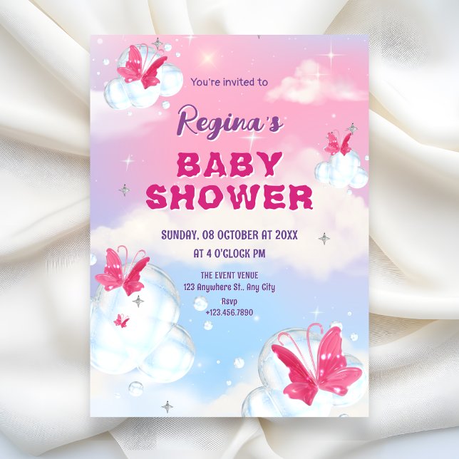 Gnistrande rosa lila moln fjäril baby shower inbjudningar (Skapare uppladdad)