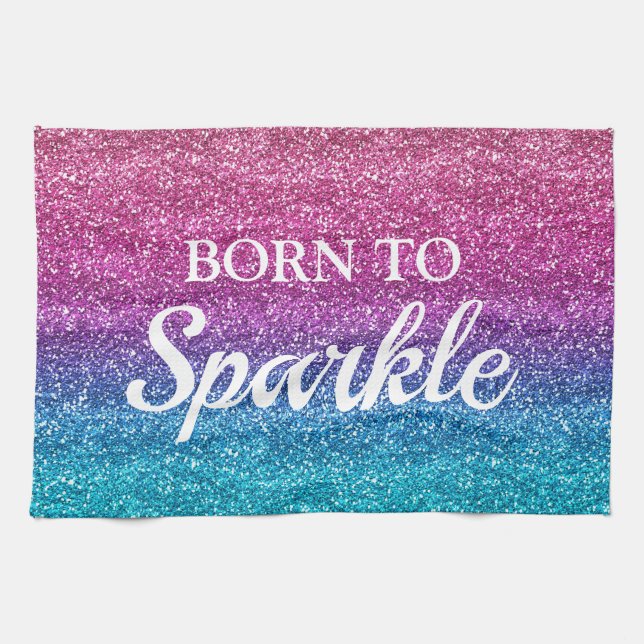 Gnistrande rosa och blå glitter Born to Sparkle Kökshandduk (Horisontell)
