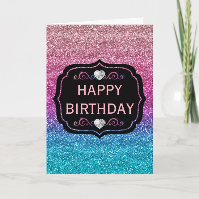 Gnistrande rosa och blå gradient glitter födelseda kort (Framsida)