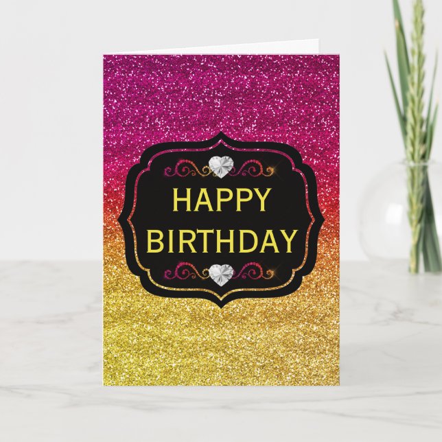 Gnistrande rosa och gul gradient glitter födelseda kort (Framsida)