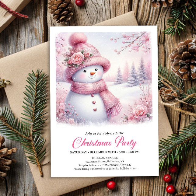 Gnistrande Rosa Snömannen Barn Jul Inbjudan Digita (Sparkling Pink Snowman Kids Christmas Invite Digital File)