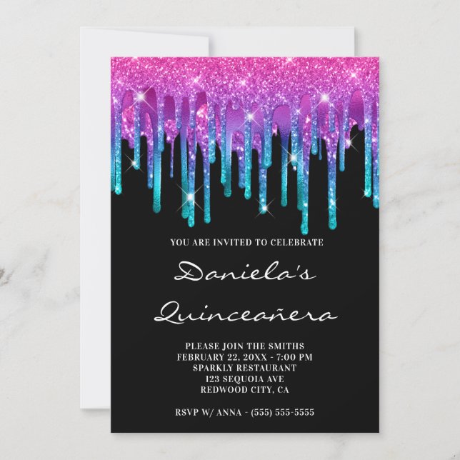 Gnistrande rosa teal gradient droppande svart Quin Inbjudningar (Framsida)