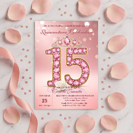 Gnistrande rosablommande rosa 15 Tiara Rose Quince Inbjudningar