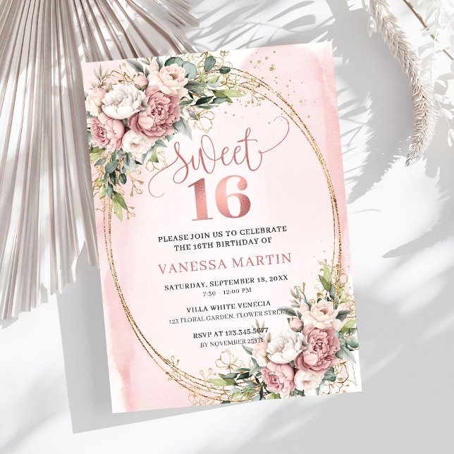 Gnistrande rosablommor Eukalyptus 16-årsdag Inbjudningar (Sparkling Blush Pink Flowers Eucalyptus 16th Birthday Invite

)