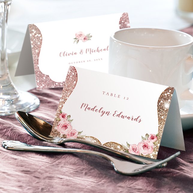 Gnistrande roséguld glitter blommig platskort bordsnummer (Sparkle rose gold glitter floral Place Card)