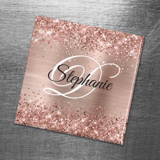 Gnistrande roséguld glitterfolie monogram magnet (Skapare uppladdad)