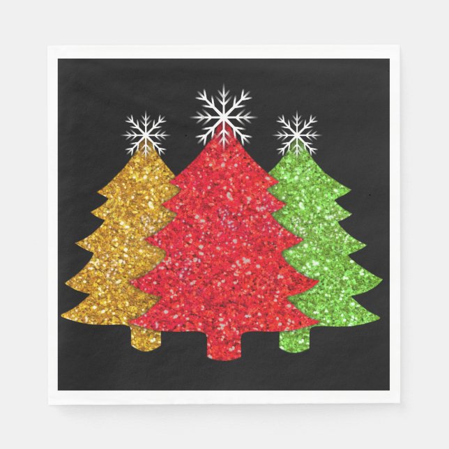 Gnistrande rött guld grönt julgran snöflinga pappersservett (Framsidan)
