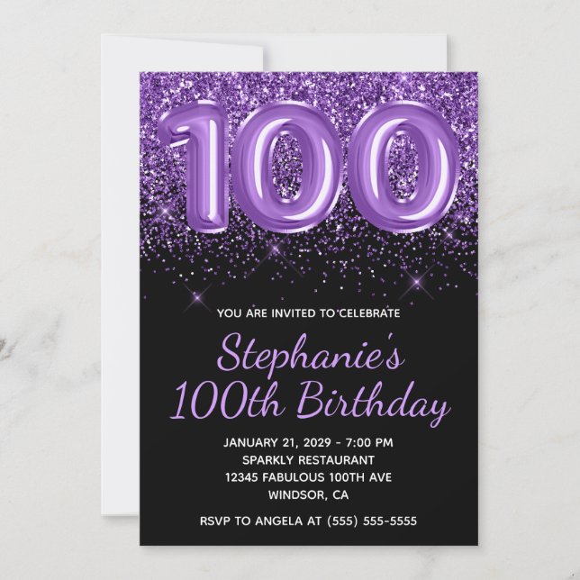 Gnistrande Royal Lila Glitter Svart Nummer 100 Inbjudningar (Framsida)