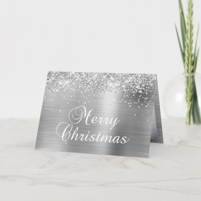 Gnistrande Silver Familjefoto God Jul Helgkort (Framsida)