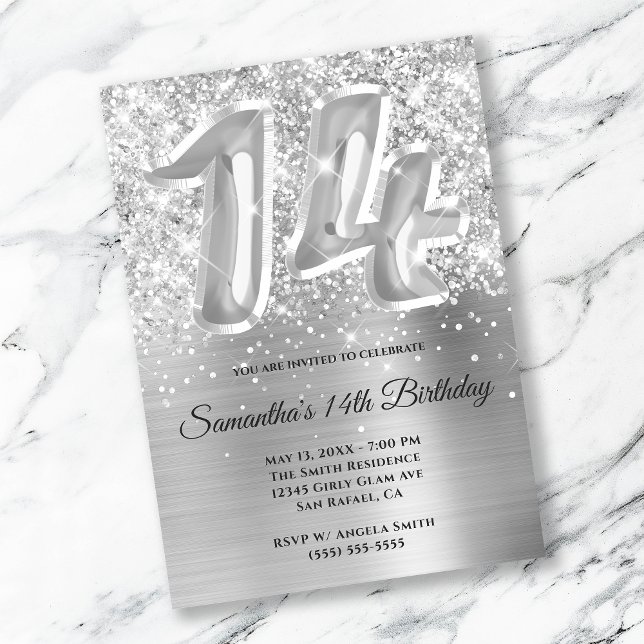 Gnistrande Silver Glam 14-årsdag Inbjudningar (Skapare uppladdad)