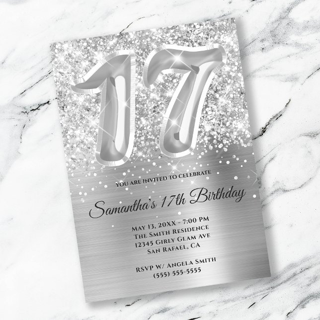 Gnistrande Silver Glam 17-årsdag Inbjudningar (Skapare uppladdad)