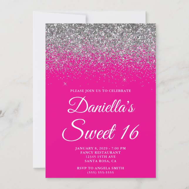 Gnistrande Silver Glitter Hot Pink Sweet 16 Inbjudningar (Framsida)
