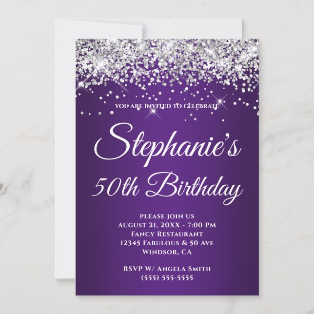 Gnistrande Silver Glitter Kunglig Lila Gradient Inbjudningar (Framsida)