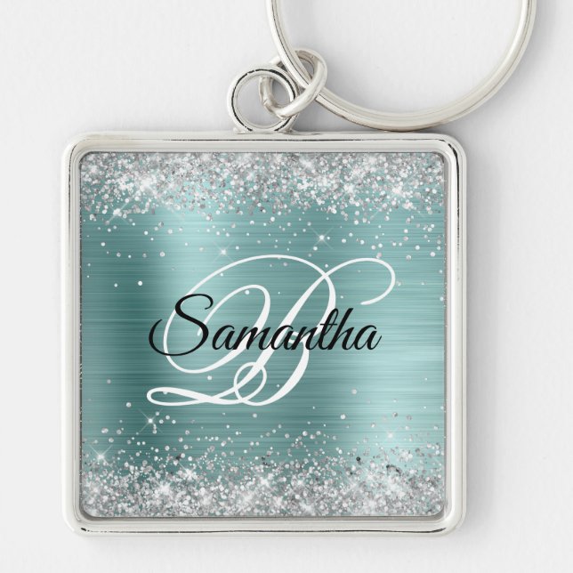Gnistrande Silver Glitter Mint Teal Folie Monogram Fyrkantig Silverfärgad Nyckelring (Framsidan)