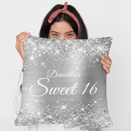 Gnistrande Silver Glitter och Folie Sweet 16 Kudde