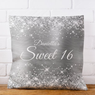 Gnistrande Silver Glitter och Folie Sweet 16 Kudde