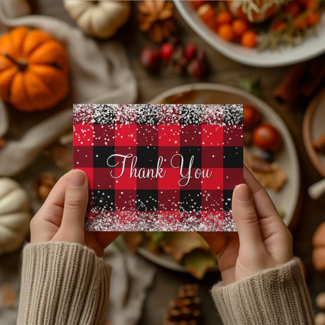 Gnistrande silver glitter röd buffalo-rutig tack vykort (Sparkly Silver Glitter Red Buffalo Plaid Thank You Postcard)