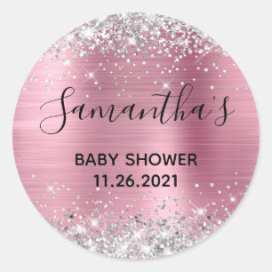 Gnistrande Silver Glitter Rosa Folie Baby Shower Runt Klistermärke