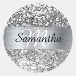 Gnistrande Silver Glitter Shimmer Monogram Runt Klistermärke