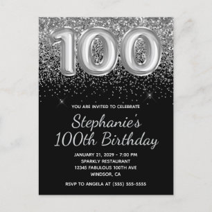 Gnistrande Silver Glitter Svart 100-årsdag Inbjudan Vykort