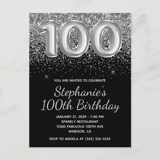 Gnistrande Silver Glitter Svart 100-årsdag Inbjudan Vykort (Framsida)