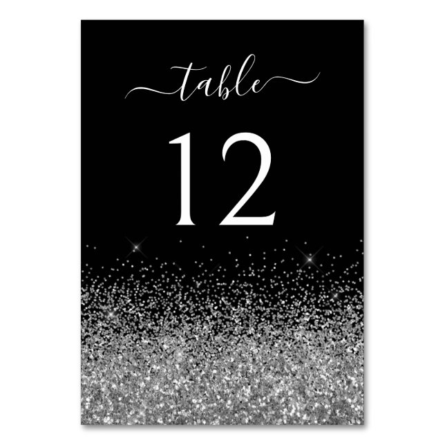 Gnistrande Silver Glitter Svart Elegant Kalligrafi Bordsnummer (Framsidan)