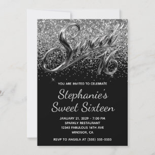 Gnistrande Silver Glitter Svart Krom Sweet 16 Inbjudningar